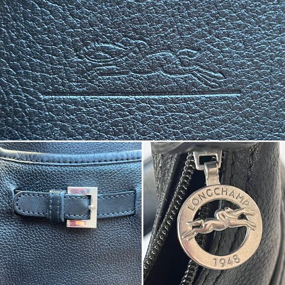 Longchamp Vintage Y2K Half Moon Crescent Belted Dark Blue Leather Shoulder Bag - Picture 3 of 11